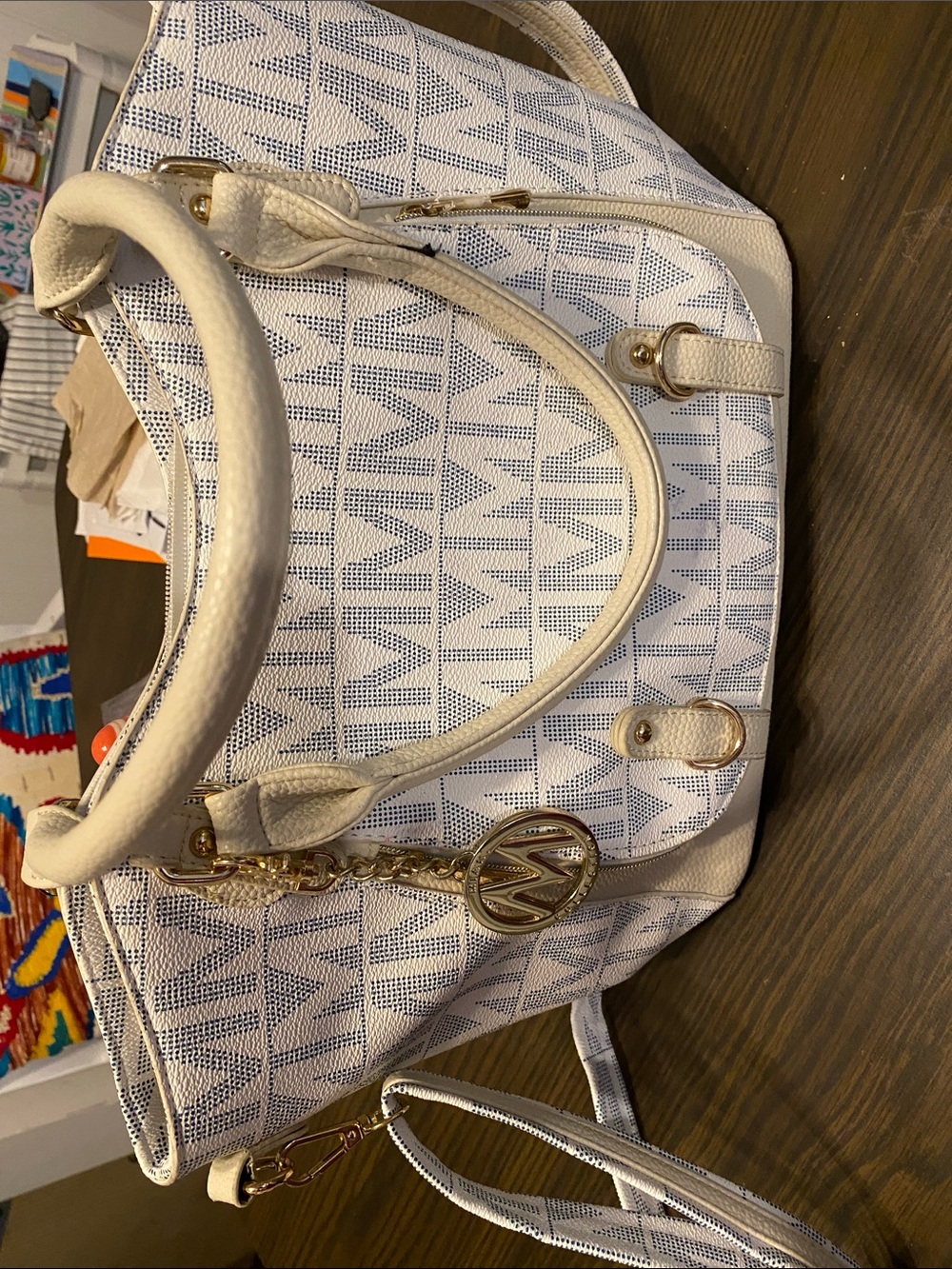 White Patterned Women's Satchel Bag with Gold Accents - Picture 5 of 10